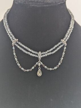Vintage Signed 1928 Necklace. Multi Strand Grey Glass, Rhinestone Pendant